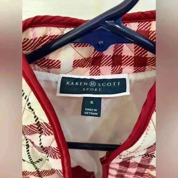 NWT red & cream bubble vest Karen Scott standard collar plaid quilted puffer - Picture 6 of 7